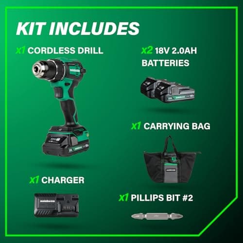 Metabo HPT 18V MultiVolt 1/2" Cordless Brushless Driver Drill Kit, High Power Drill Set with Bag, 2 Lithium-Ion Metabo Batteries and Charger, Compact Lightweight Power Driver, DS18DEX