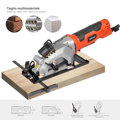 4Amp 3500RPM Mini Circular Saw with Laser Guide, Vacuum Adapter, Blade Wrench and Rip Guide, Max. Cutting Depth1-5/8"(90°), 1-1/10"(45°）Compact Saw with 2 pcs 4-1/2" 24T TCT Blades