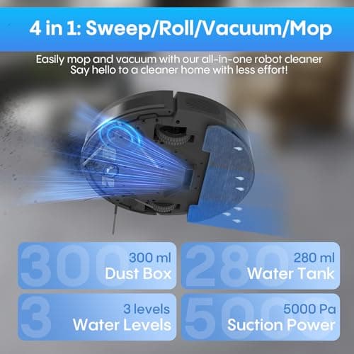 Bagotte Robot Vacuum and Mop Combo, 5000Pa Mopping Robot Vacuum Cleaner with Schedule, 4 in 1 Robotic Vacuum Cleaner,Ultra Slim,Self-Charging,Wi-Fi/Voice/App, Perfect for Pet, Hard Floors, Carpet