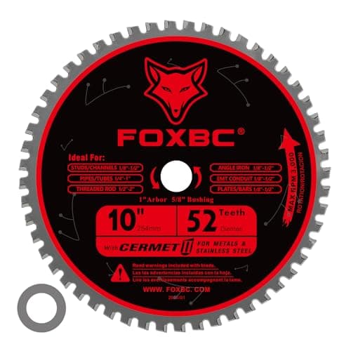 FOXBC 10 Inch Metal Steel Cutting Saw Blade 52 Teeth, 1" Arbor with 5/8" Bushing, Cermet Carbide Up to 5X Longer Life
