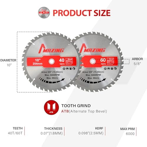 MAZING 3-Piece 7-1/4 Inch 24T&40T&60T Circular Saw Blades, 7.25 Inch TCT Compact Saws Blades with 5/8" Arbor, ATB Design for Precision Woodworking, Fit for Plywood, Soft & Hardwood, Wood with Nails