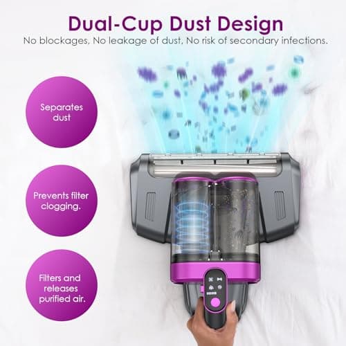 Cordless Mattress Vacuum Cleaner, Bed Vacuum Cleaner with 18Kpa Suction 253.7nm UV-C Light & 80000Rpm Rotation Ultrasonic Tech Double-Cup, Portable Handheld Vacuum for Bed/Fabric Sofa/Carpet Cleaning