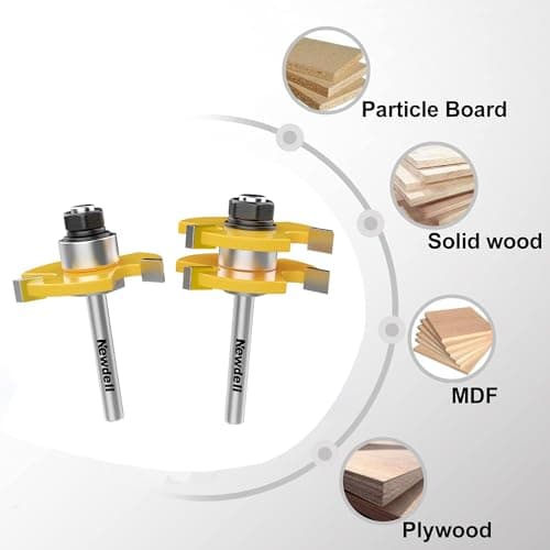 Newdeli Tongue and Groove Router Bit Set 1/4 Inch Shank - 2pcs Router Bits for 3/4" Stock, 1/2" Cutting Depth - T Shape 3 Teeth Wood Milling Cutter Woodworking Tool
