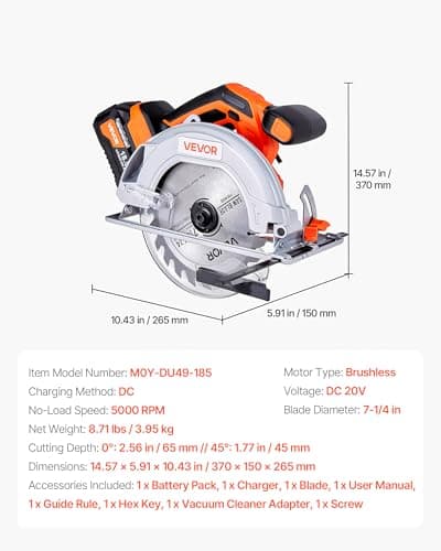 VEVOR Cordless Circular Saw, 7-1/4 inch Blade, 5000 RPM Speed, 0-45 Degree Bevel Capability, Brushless Motor, LED Light, Electric Circular Saw Kit with Battery and Charger Included, for Wood Cutting