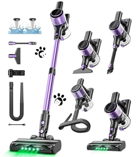 Cordless Vacuum Cleaner, 10 in 1 Stick Vacuum with Powerful Suction, Hose, Green LED Light, Anti-Tangle Brush, Lightweight Rechargeable Vacuum Cleaner for Home, Hardwood Floors, Carpets