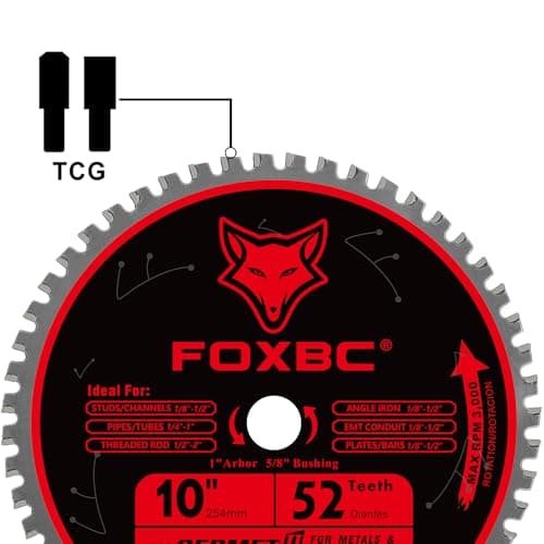 FOXBC 10 Inch Metal Steel Cutting Saw Blade 52 Teeth, 1" Arbor with 5/8" Bushing, Cermet Carbide Up to 5X Longer Life