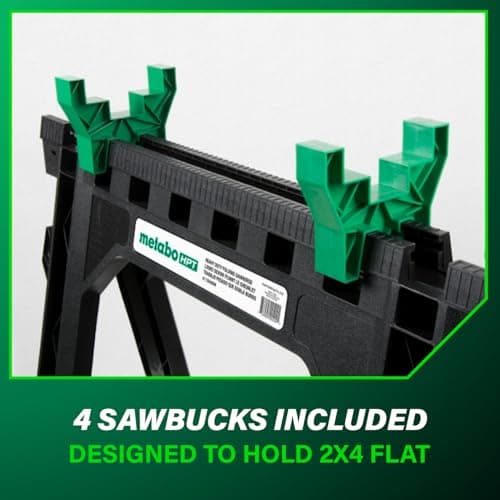 Metabo HPT Folding Sawhorses, 2-Pack, Lightweight Design, 1,200 lbs Capacity, Includes 4 Sawbucks, Ideal for Extra Workstations, Non-Skid Feet for Stability, Built-In Shelf and Cord Hooks, 115445M