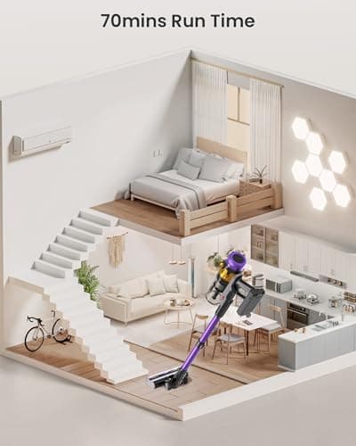 Cordless Vacuum Cleaner, 550W 45KPA 70 Mins Vacuum Cleaners for Home, Self-Standing Cordless Vacuum with Charging Dock Station, LED Display, Upgraded Anti-Tangle Stick Vacuum for Pet Hair/Carpet/Floor