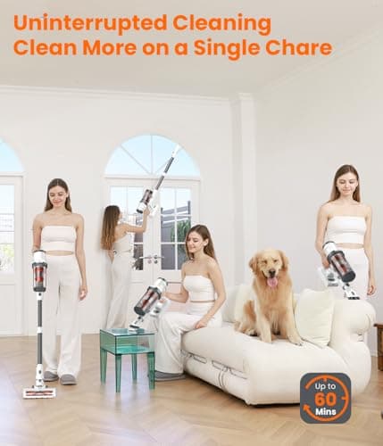 Cordless Vacuum Cleaner, 550W/45Kpa Vacuum Cleaners for Home, Max 60Mins Runtime, Anti-Tangled & 1.6L Dust Cup Stick Vacuum, Lightweight Vacuum for Carpet, Hard Floor(Upgraded)
