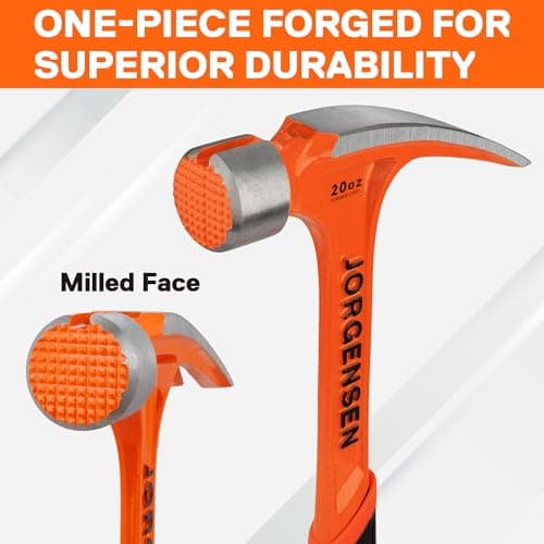 Jorgensen 20 oz Straight Claw Hammer with Magnetic Nail Holder, Rip Claw Hammer with Milled Face & Shock Absorbing Grip, Heavy Duty One-piece Forged Hammer