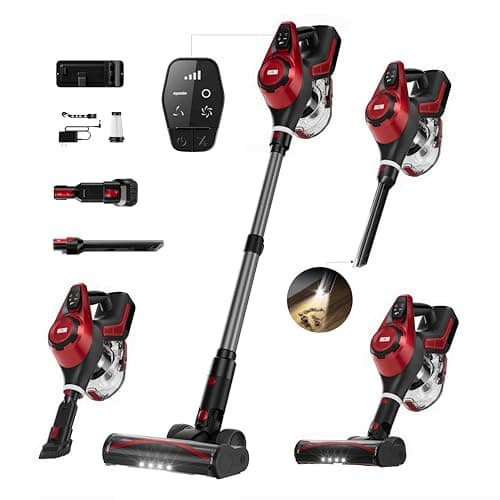 Cordless Vacuum Cleaner, 30Kpa Home Stick Vacuum, Smart Display & 1.5L Dust Cup, 55mins Max Runtime, Rechargeable Lightweight Handheld Vavuum for Pet Hair/Carpet/Hardwood Floor/Car (Red)