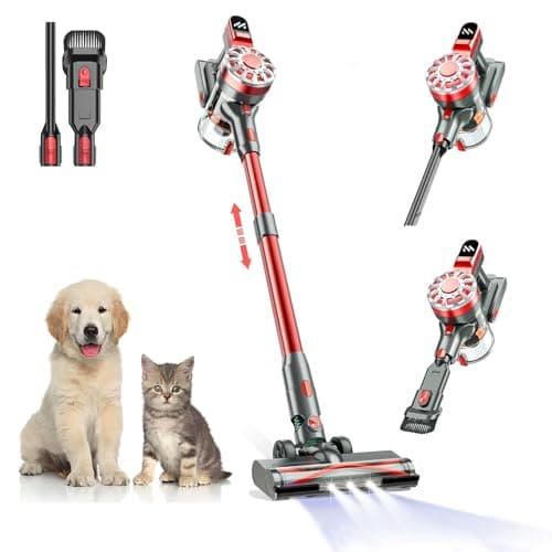 Cordless Vacuum Cleaner for Home with Powerful Suction,Lightweight Stick Vacuum Cordless Rechargeable with 35 Mins Runtime, Hardwood Floor Vacuum for Pet Hair,Carpet,Tile(Red)
