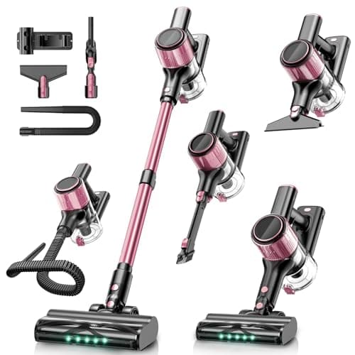 Cordless Vacuum Cleaner, 10-in-1 Vacuum Cleaners for Home with 28.75 in Hose, LED Display, Anti-Tangle Brush, Lightweight Stick Vacuums for Carpet, Pet Hair, Hardwood Floors, Dryer (Pink)