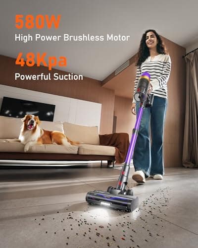 Cordless Vacuum Cleaner, 580W/48Kpa/65Mins Vacuum Cleaners for Home, Self-Standing Stick Vacuum with LED Display & Wall Mount Charging, Anti-Tangle Handheld Vacuum Cordless for Floor/Carpet/Pet Hair