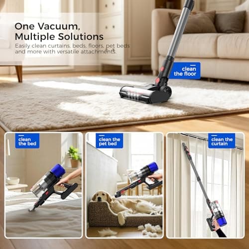 Cordless Vacuum Cleaner, 500W 50 Minutes Runtime Stick Vacuum for Pet Hair, Powerful Suction, Rechargeable, Lightweight, Handheld Vacuum Versatile for Carpet, Hard Floor (Starry Gray)