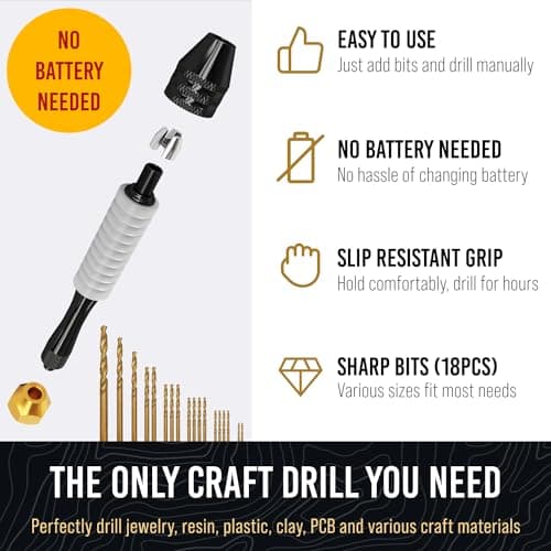 Pin Vise Hand Drill Manual - Jewelry w/Micro Drill Bits (0.8mm-2.5mm) - Rotary Craft Drill for Jewelry Making, Resin, Wood, Plastic, Miniature, Beads, Clay Etc