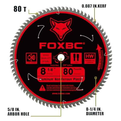 FOXBC 8-1/4 Inch Metal Cutting Table Saw Blade 80-Tooth TCG for Aluminum, Copper, Plastic, Brass, Fiberglass with 5/8-Inch Arbor