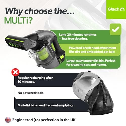 Gtech Multi MK2 Cordless Handheld Vacuum Cleaner with Powered Brush Bar - Mulitple Attachments - Perfect for Home, Stairs, Cars, and More - Rechargeable 22v Li-ion Battery - Lightweight (3.5 lbs.)