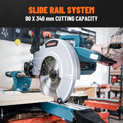 DOVAMAN Updated 10-Inch Sliding Miter Saw, Multi-Material Cutting w/ 3 x TCT Blades, Ambidextrous Operation, 5000/3200RPM Speed, Laser Guide, 0-45° Bevel Cut, Max Cut 3.5x13.4in, 9 Positive Stops