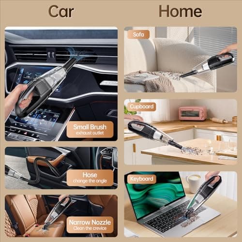 Handheld Vacuum Cordless Rechargeable 3-in-1, Car Vacuum with USB Charge, Handheld Vacuum with LED, HEPA Filter, 1.43 lbs Lightweight, Ideal for Car & Home Use