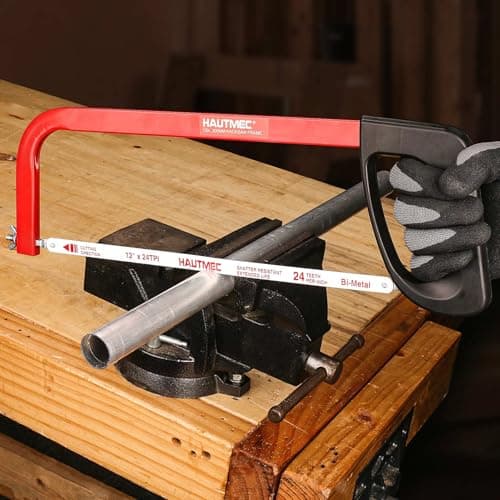 HAUTMEC 12-Inch High Tension Hacksaw, Lightweight Hack saw Frame with 24 TPI Bi-Metal HSS Blade, Adjustable Tension Hand Saw for Cutting Metal, Steel Pipe, PVC, and Wood – HT0398