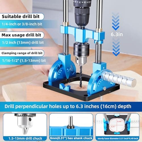 Portable Drill Guide, Multi Angle Drill Guide for Straight Holes, Self-Centering Pins, Drilling Jig w/Chuck & Key, Adjustable Angle from 0° to 60°, Chuck Clamping Range for 1/16-1/2" (1.5-13mm)