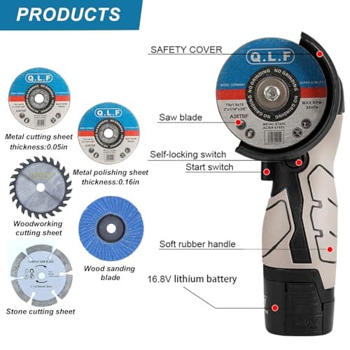 Cordless Brush Angle Grinder Kit, 19500rpm Mini Electric Angle Grinding Tool with 2pcs 16.8V 2000mAh Batteries and 5-Cutting Discs, Grinder Handheld Cutter for Metal Wood