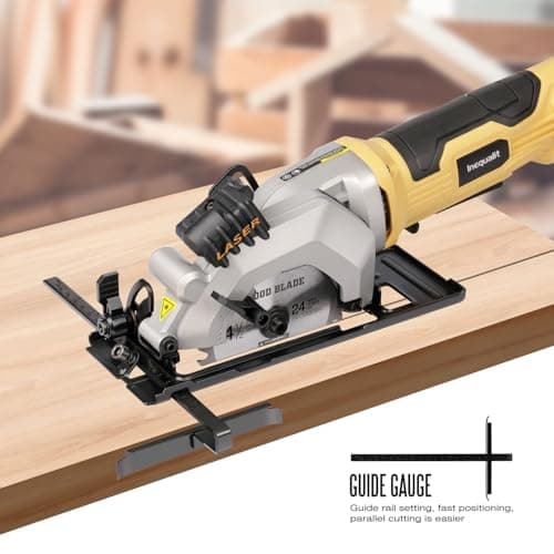 4Amp Mini Circular Saw, 3500RPM Corded Compact Saw with 4-1/2" 24T TCT Blades, Laser Guide, Rip Guide, Vacuum Adapter and Blade Wrench, Max Cutting Depth 1-11/16"(90°), 1-1/8"(45°）