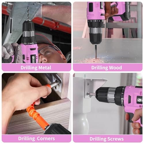 Cordless Drill Set, 20V Electric Power Drill With Battery And Charger, 30N Torque, 21+1 Settings, 3/8-Inch Keyless Chuck, Driver Bits Kit, LED Light (Pink)