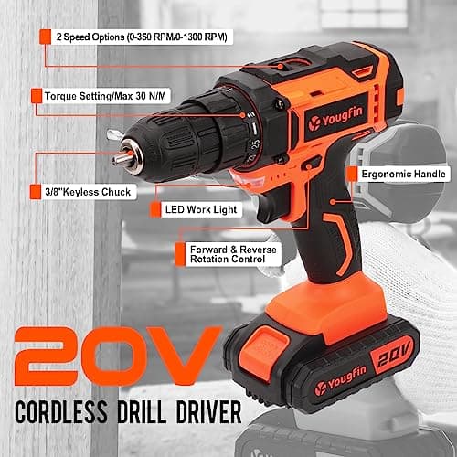 Tool Kit with Drill, Yougfin 20V Cordless Power Drill with 2 Batteries & Charger Drill Sets Combo Kit for Men 114 pcs Household Hand Tools for Home Apartment Dorm Repair