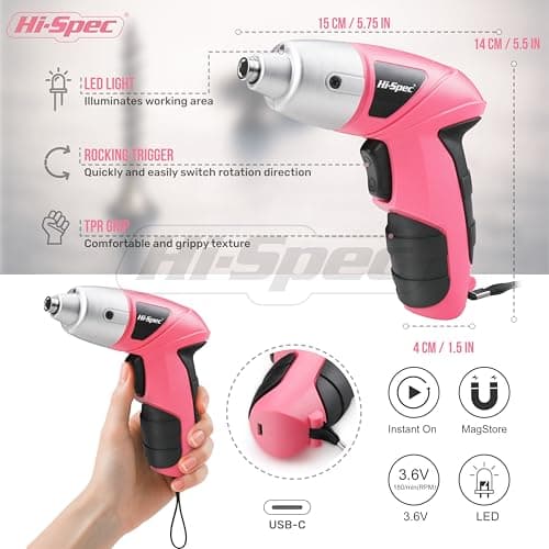 Hi-Spec Electric Screwdriver 27pc 3.6V Pink USB Small Power Screwdriver Set. Cordless & Rechargeable with Driver Bit Set