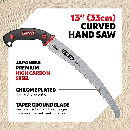 Oregon (600136) Curved Premium Japanese High-Carbon Steel Hand Saw, Rust Proof Forestry/Pruning/Cutting Tool, Curved Blade with Scabbard Safety Sheath,Red,13"