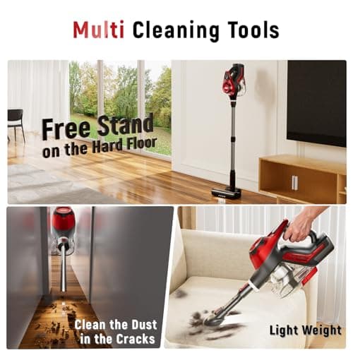 Cordless Vacuum Cleaner, 30Kpa Home Stick Vacuum, Smart Display & 1.5L Dust Cup, 55mins Max Runtime, Rechargeable Lightweight Handheld Vavuum for Pet Hair/Carpet/Hardwood Floor/Car (Metallic Red)