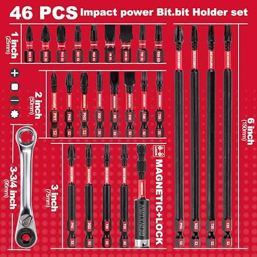 Impact Tough Magnetic Mixed 46Pack Insert Driver Bits, S2 Alloy Steel Screwdriver Power Bits Set with 1Pcs Impact Magnetic Bit Holder and Mini Wrench