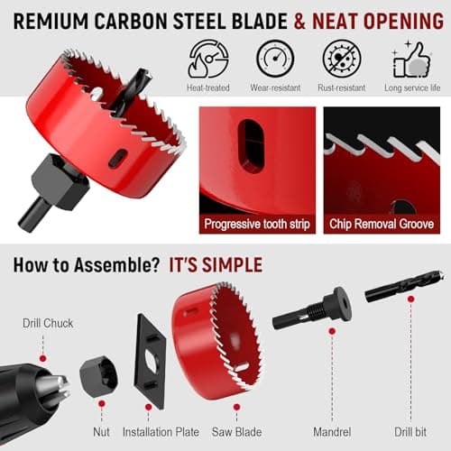 12-Piece Hole Saw Kit, Includes 8 Sizes (3/4" to 2-1/2"), Arbors, Drill Bits, and Hex Key, Ideal for Softwood, Plywood, and PVC(RED)