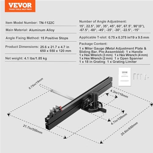 VEVOR Precision Miter Gauge, Standard Slot 3/4'' x 3/8'', Aluminum Alloy Table Saw Miter Gauge with 24 in Grating 15 Angle Stops Adjustable Spring Loaded Plunger and Removable Disc, for Woodworking