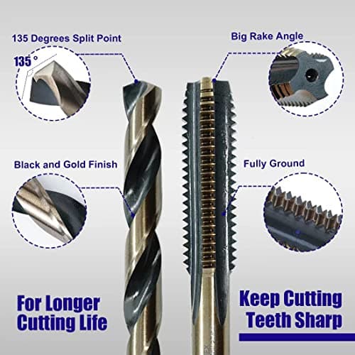 JEFEHEX 18pcs Drill and Tap Set with 1 Piece T-Handle Ratchet Tap Wrench, Tap Range 6-32NC—1/2"-13NC, Black and Gold Premium HSS Jobber Length Drill Bits and Hand Plug Taps with Metal Indexed Box