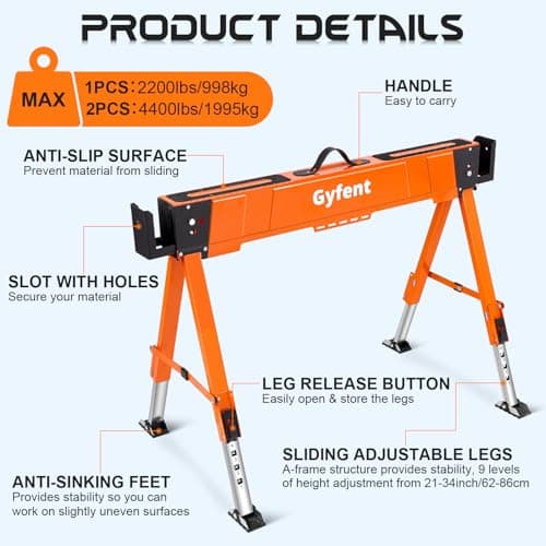 Saw Horses 2 Pack, 4400Lbs Load Capacity Saw Horse Folding Heavy Duty Sawhorses 21-34in Adjustable Height Professional Saw Horse with 2x4 Bracket for Woodworking Carpenters Contractors, Orange