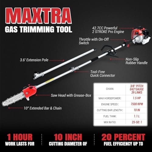 Pole Saw Gas Powered, 16-Foot Reach 42.7CC 2-Cycle 10-Inch Bar Cordless Extendable Long Trimmer Power Gasoline Chainsaw For Tree Hedge Trimming Bush Pruning, Spinning Saw Head