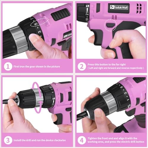 Cordless Drill Set, 20V Electric Power Drill With Battery And Charger, 30N Torque, 21+1 Settings, 3/8-Inch Keyless Chuck, Driver Bits Kit, LED Light (Pink)