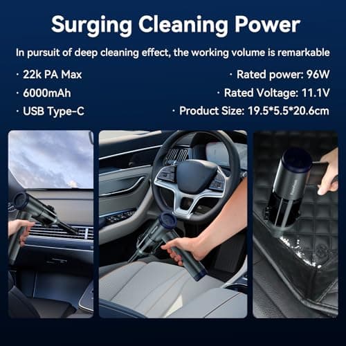 Car Vacuum Portable Cordless, Mini Handheld Vacuum Cleaner for Pet Hair/Car/Home, Suction & Blow 2 in 1, 22KPa High Power, 6000mAh, Small Lightweight Gadget, Type-C Rechargeable