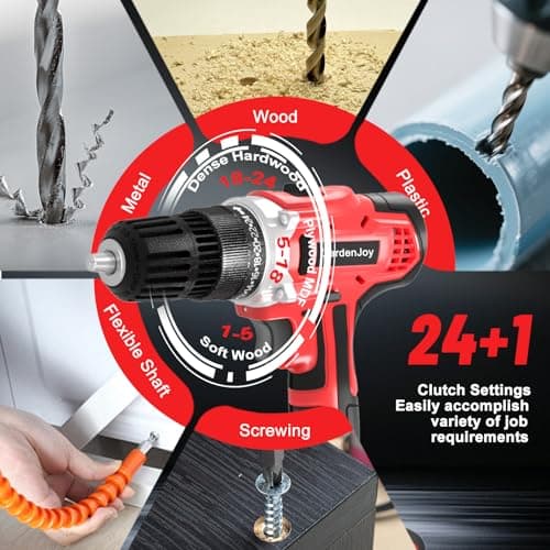 GardenJoy 20v Cordless Drill Set, Power Electric Kit Battery With Charger 30Nm 2-Speed 3/8" Keyless Chuck 24+1 Torque Drill Driver screwdriver Bits with LED Electric Work Light for Women DIY