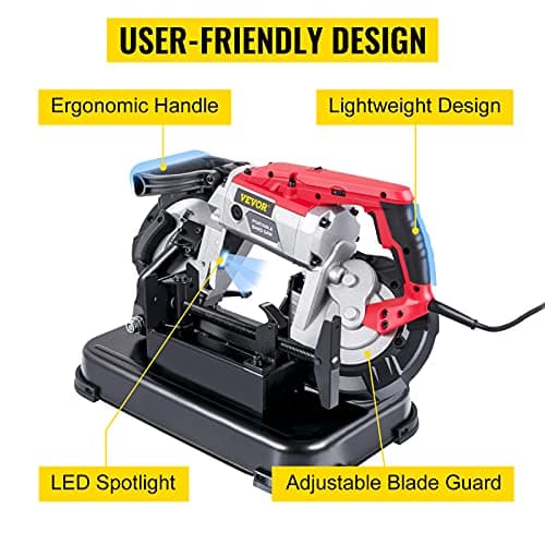 VEVOR Portable Band Saw, 110V Removable Alloy Steel Base Corded Band Saw, 5 Inch Cutting Capacity Hand held Band Saw,Variable Speed Portable Bandsaw, 10Amp Motor Deep Cut Band saw for Metal Wood