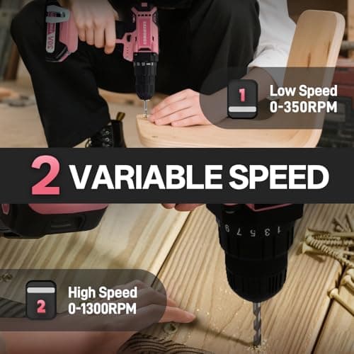 COMOWARE Cordless Drill Set, 20V Pink Power Drill Set for Women, 1 Battery & Charger, 3/8" Keyless Chuck, 2 Variable Speed, 266 In-lb Torque, 25+1 Position, with Pink Storage Bag