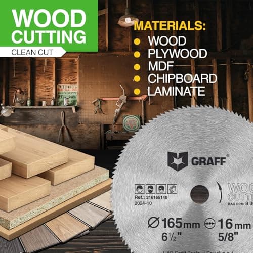 6-1/2 Inch Carbon Steel Circular Saw Blade for Wood, Plywood, Laminate, Drywall, Plastic – 140T Wood Cutting Disc with 5/8 Inch Arbor from GRAFF