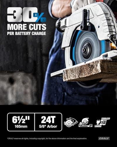 CRALY 6-1/2 Inch 24 Teeth Wood Cutting Framing Circular Saw Blade, 5/8 Inch Arbor, Carbide Tipped, Thin Kerf, Black Ice™ Coating, for Plywood, MDF, OSB, Laminated(C0624FR)