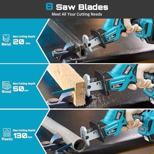 SEESII Reciprocating Saw Cordless, Variable Speed 3500 RPM Brushless Motor with 8 Saw Blades, 2 x 4.0Ah Batteries, LED Light, Tool‑Free Blade Change, Portable for Wood PVC Cutting