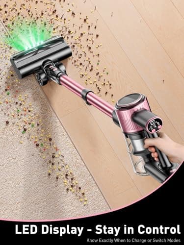Cordless Vacuum Cleaner, 10-in-1 Vacuum Cleaners for Home with 28.75 in Hose, LED Display, Anti-Tangle Brush, Lightweight Stick Vacuums for Carpet, Pet Hair, Hardwood Floors, Dryer (Pink)