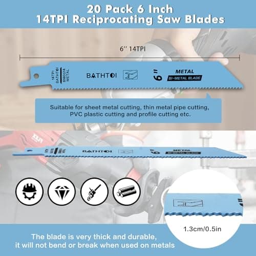 20 Pack 6 Inch 14 Tpi Reciprocating Saw Blades for Sheet Metal, Pipes, PVC Plastic, Profiles Cutting, Bi-Metal Sawzall Blades with 8% Cobalt for Longer Life and Faster Cutting Speed