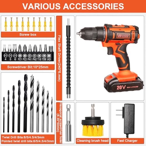 20v Drill Driver Set,Cordless Drill with Battery and Charger,LED Tools Kit,25+1 Torque Setting and 43pcs Drill Bits